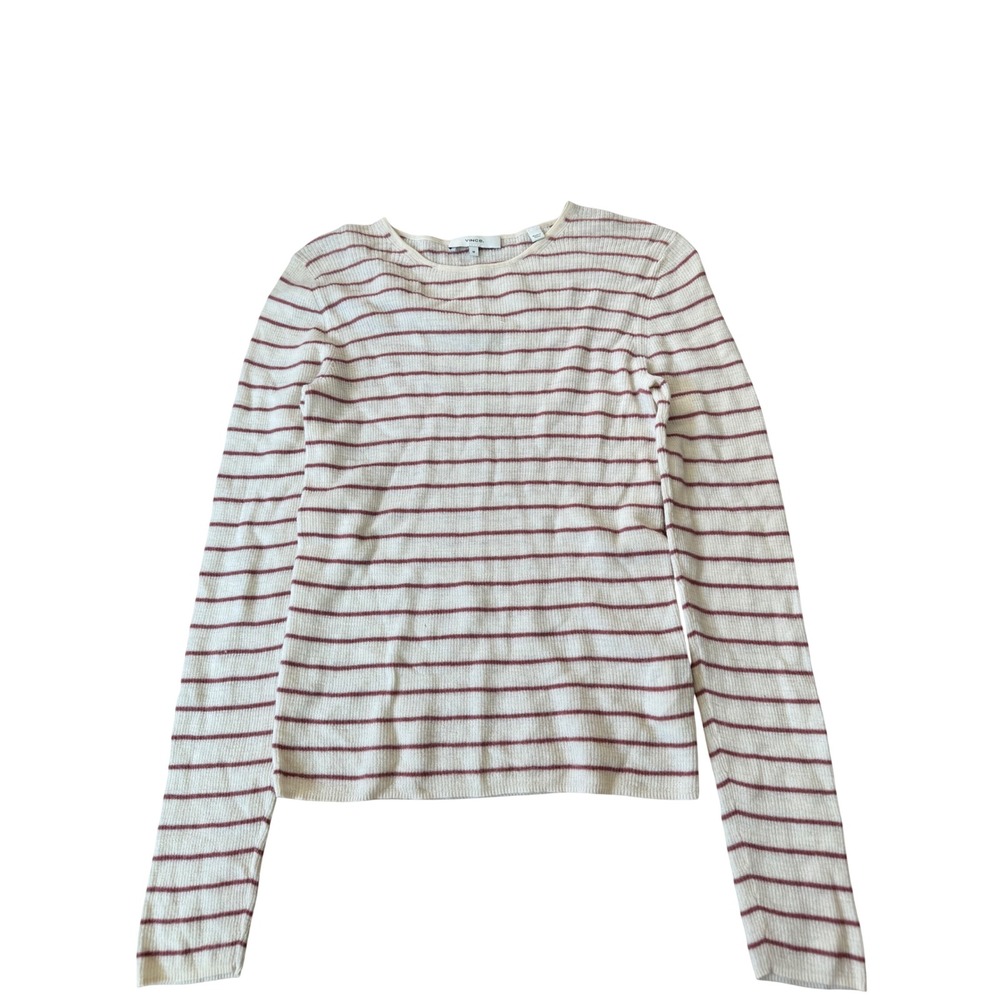 Vince Womens Ribbed Striped Wool Sweater Cream Burgundy Crew Neck Size Medium